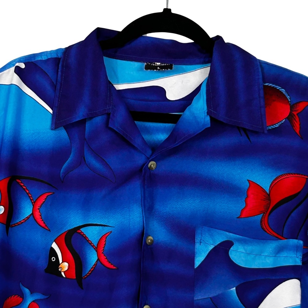 Cromer Resortwear Button Down Shirt Mens L Blue Tropical Fish Dolphin Hawaiian - Picture 4 of 9